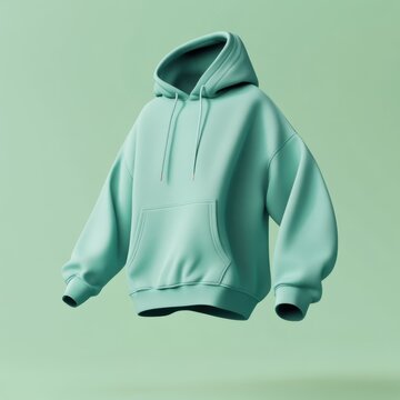 Green hoodie sweatshirt mockup floating on green background.