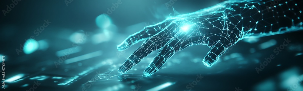Aufkleber A futuristic hand appears to interact with a digital interface, surrounded by shimmering particles and glowing effects, symbolizing advanced technology and connectivity.