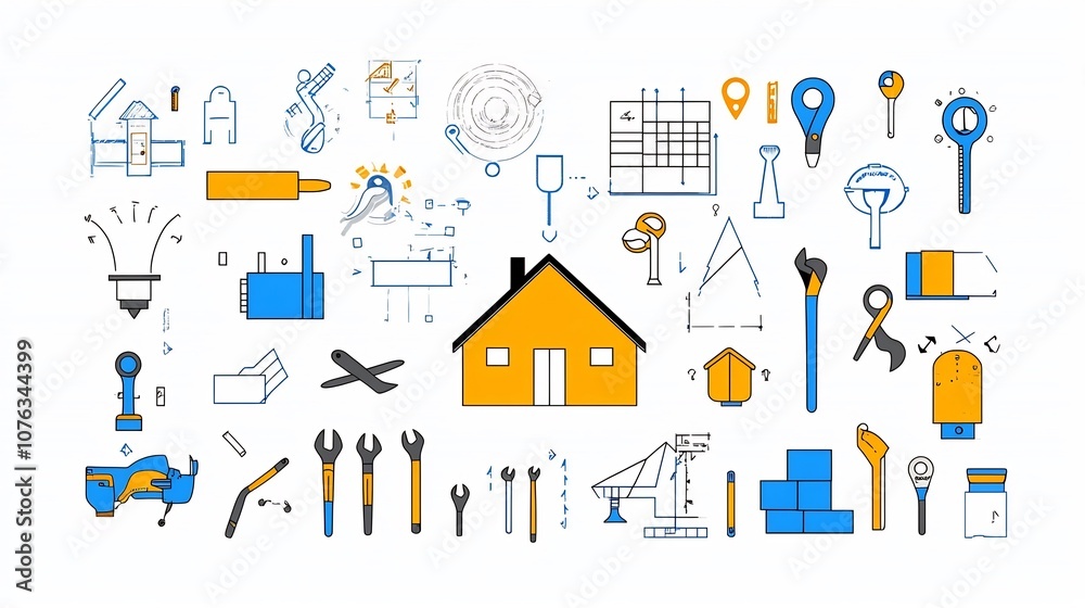 Poster Colorful featuring a collection of icons showcasing various home construction elements such as tools bricks and blueprint symbols