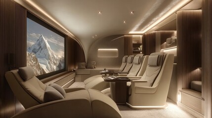 Luxurious private jet interior featuring comfortable seating and a large screen.
