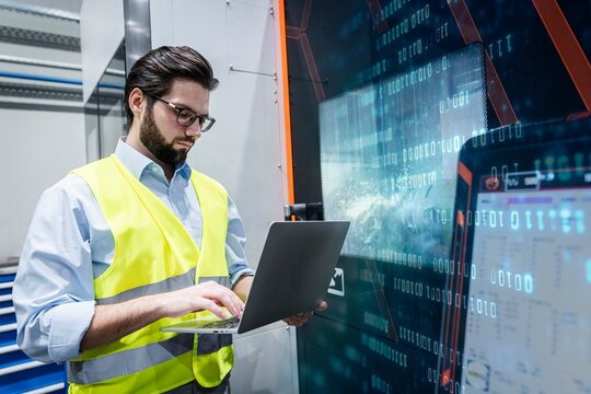 Focused engineer in reflective clothing using laptop near machine at factory