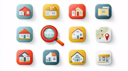 Vibrant depicting the various tools and elements involved in the property search and selection process including a magnifying glass map pin and house listings