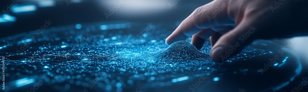 Poster A futuristic hand interacts with a glowing digital surface, showcasing vibrant blue particles and a sense of advanced technology and innovation.