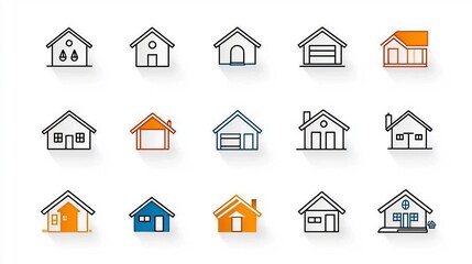 Fototapeta premium A vibrant collection of icons depicting various architectural styles from modern and rustic to classic designed for real estate and home related applications