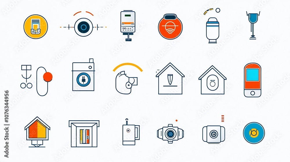Aufkleber of smart home technology icons including security automation symbols with colorful accents and digital designs
