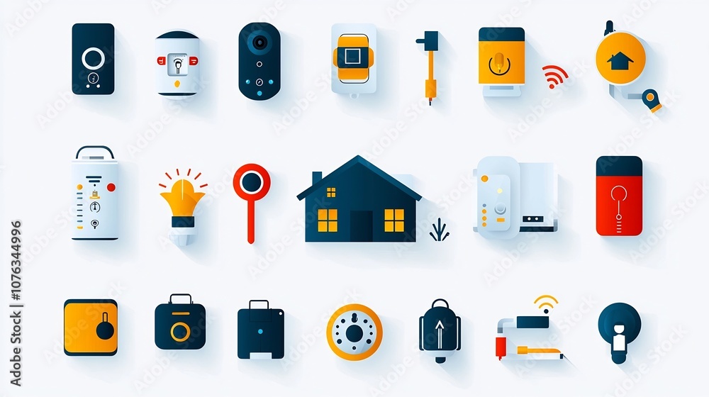Poster vibrant colorful icons representing smart home technology devices and automation systems including s