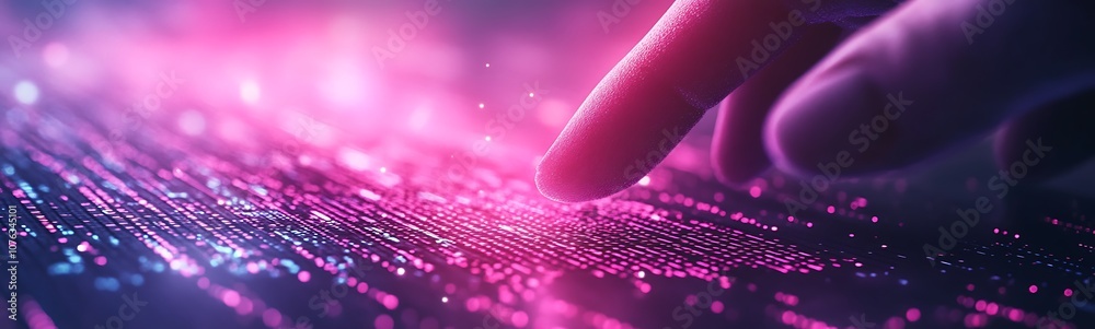Poster a close-up of a finger touching a bright, illuminated surface, with vibrant pink and purple lights, 