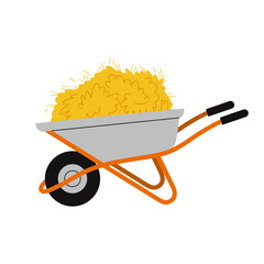 Garden or farm wheelbarrow. Food for pets. A wheelbarrow full of dry hay. Flat vector illustration on white background. 