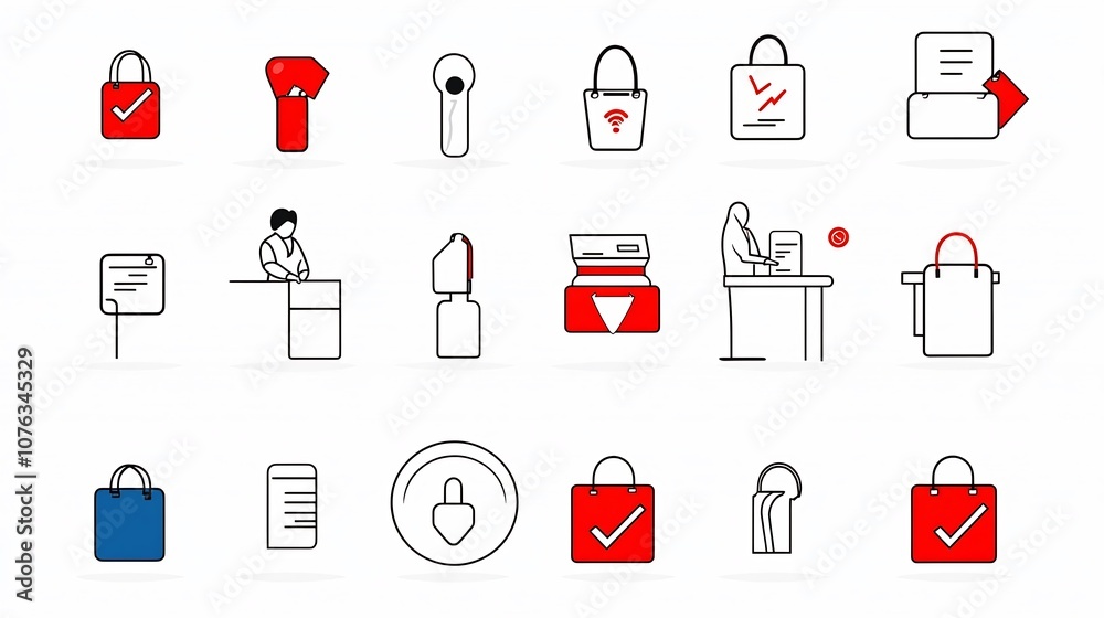 Poster Minimalist line icon set depicting various symbols and elements related to front desk processes in a hotel hospitality or corporate setting  Includes icons for guest receptionist counter