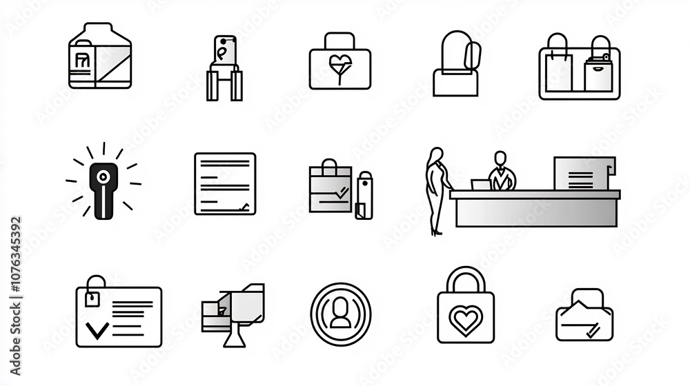 Poster Comprehensive line icon set focusing on and check in processes including guest receptionist and counter symbols for use in hospitality business and administrative applications  Flat modern