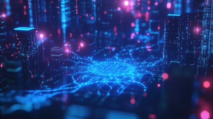 Futuristic cyber network with glowing dots and lines.