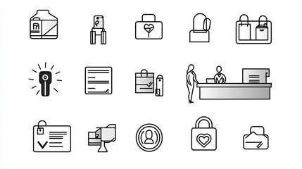 Comprehensive line icon set focusing on and check in processes including guest receptionist and counter symbols for use in hospitality business and administrative applications  Flat modern
