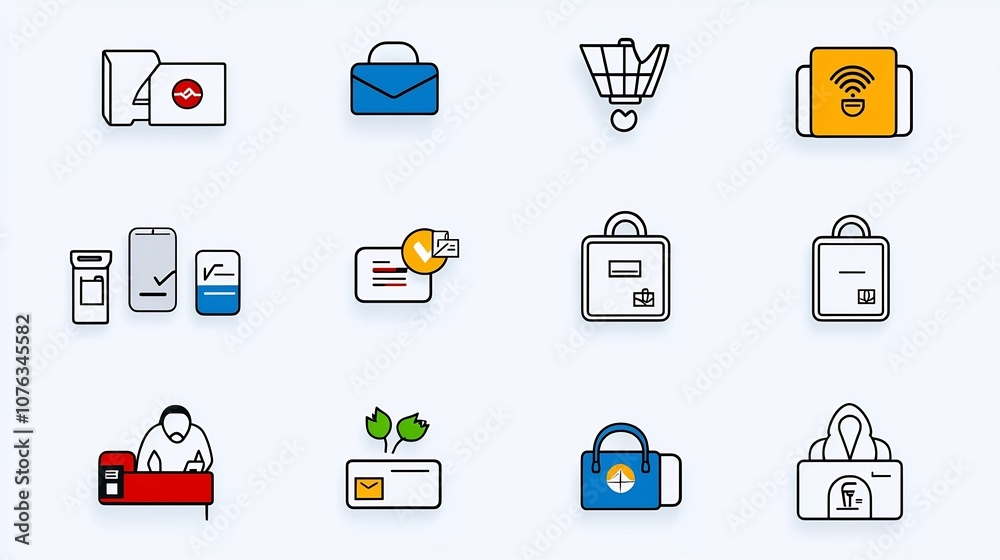 Fototapete Comprehensive icon set illustrating the essential elements of a reception desk including customer service guest check in and cashier in a minimal line style for a clean and modern aesthetic