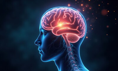 Brain with red spot on it. The brain is shown in 3D format. Red spot on the brain can mean stroke or seizure. Concept of urgency and importance
