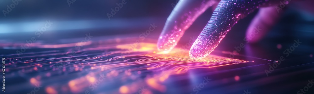 Poster a futuristic hand interacts with a glowing digital surface, showcasing vibrant colors and intricate 