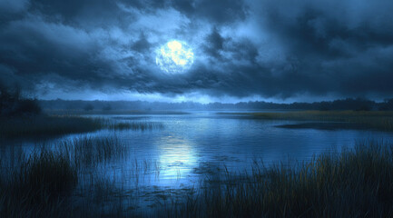 Fototapeta premium Moonlight Illuminating a Marshland Lake with Soft Ripples
