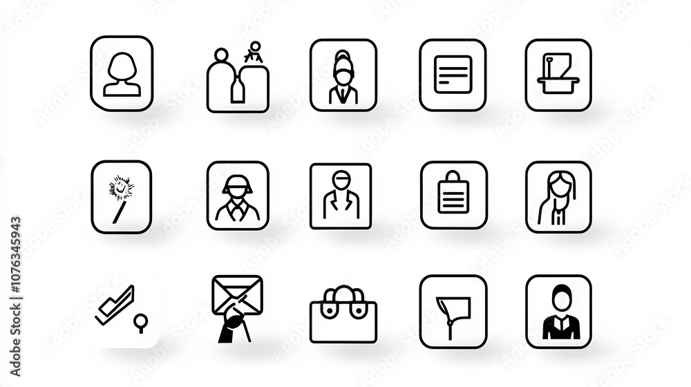 Aufkleber Sleek icons illustrating a streamlined digital process featuring symbols for signing up adding identity data and receptionist assistance all depicted in a clean minimal line style  Suitable for web