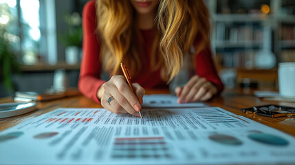woman in red shirt reviews financial documents at wooden desk, focusing intently. scene is set in cozy office environment with blurred background details