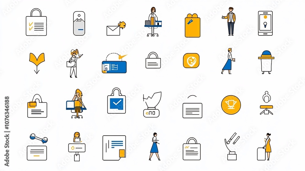 Leinwandbilder Set of simple line icons illustrating various tasks and digital identity verification processes in a modern minimalist design  Symbols include receptionist sign up