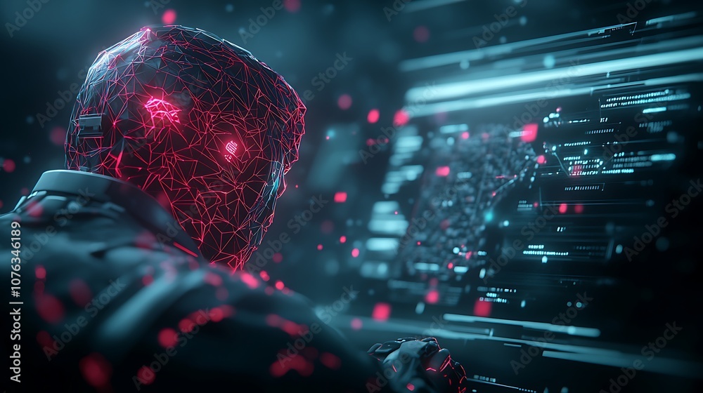 Poster A futuristic cyber figure with a glowing red mesh head interacts with digital data on a screen, conveying a blend of technology and mystery.