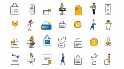 Set of simple line icons illustrating various tasks and digital identity verification processes in a modern minimalist design  Symbols include receptionist sign up