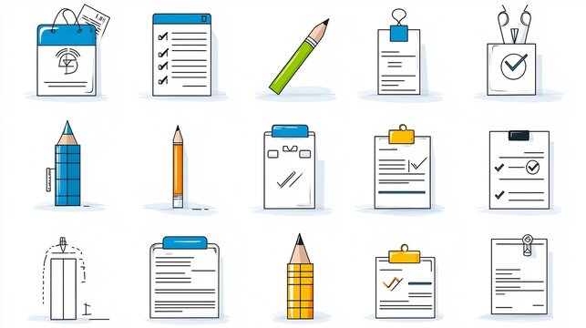 Thin line icons depicting various actions and elements related to filling out digital forms data entry and online Clean minimal and modern suitable for user interface website