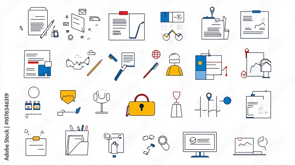 Poster Thin line icon set focused on creating editing and managing digital information including symbols for adding documents receptionist services and digital processes in a graphic style