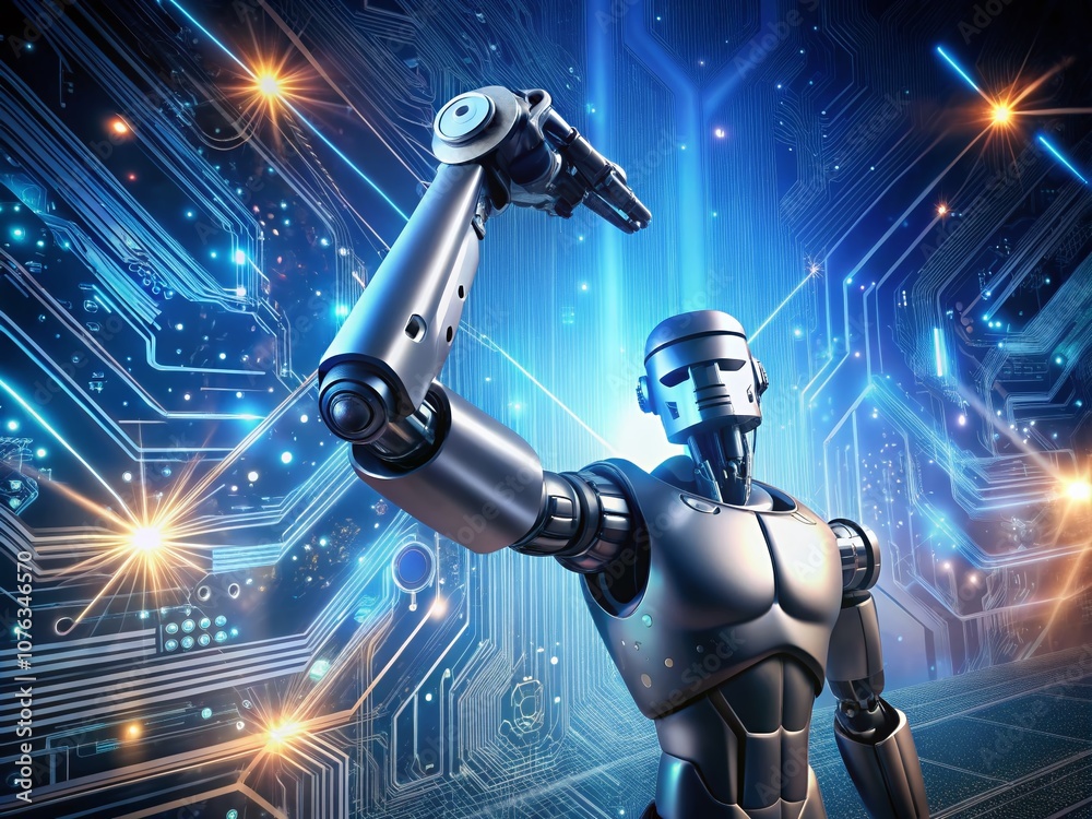 Poster a detailed robotic arm with glowing circuits displaying strength and innovation, representing the po
