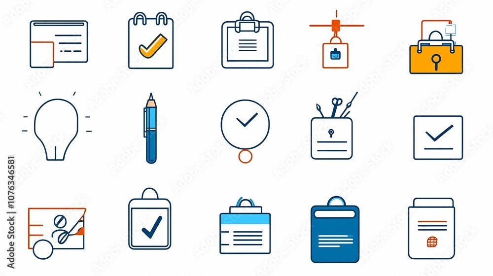 Poster Comprehensive Collection of Business Icons Featuring Edit with Pencil Online Receptionist Assistance in a Simple Design  These Symbols Represent Identity Information Management