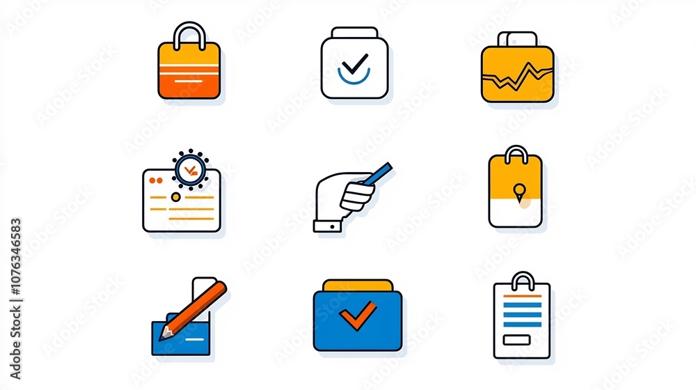 Poster Collection of simple icons designed to represent various features and functionalities related to identity and information management including editing with a pencil online receptionist assistance