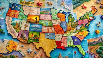 Naklejka premium A Detailed and Artistic Representation of the State of America Map Showcasing Diverse Landscapes, Cultural Symbols, and Geographic Features in a Unique Documentary Photography Style