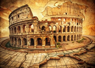 Naklejka premium A Detailed Artistic Representation of Ancient Rome Superimposed on an Old Map, Highlighting Historical Landmarks and Cultural Significance in a Captivating Visual Composition