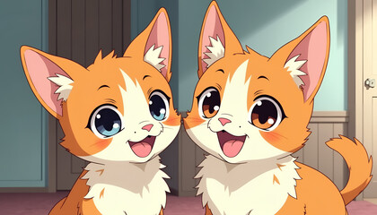 Fototapeta premium Two happy orange cats smiling together in a bright indoor setting with copy space