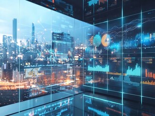 Futuristic Virtual Workspace Overlaying Cityscape with Transparent Analytics Dashboard