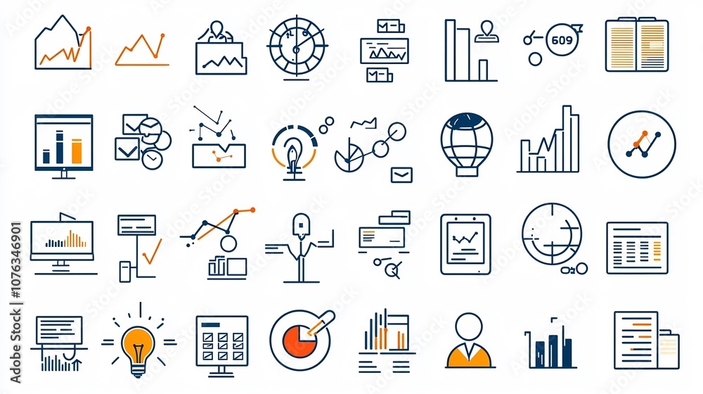 Poster Comprehensive set of 60 outline business icons depicting various management analytics data and planning concepts in a minimalist style with editable stroke