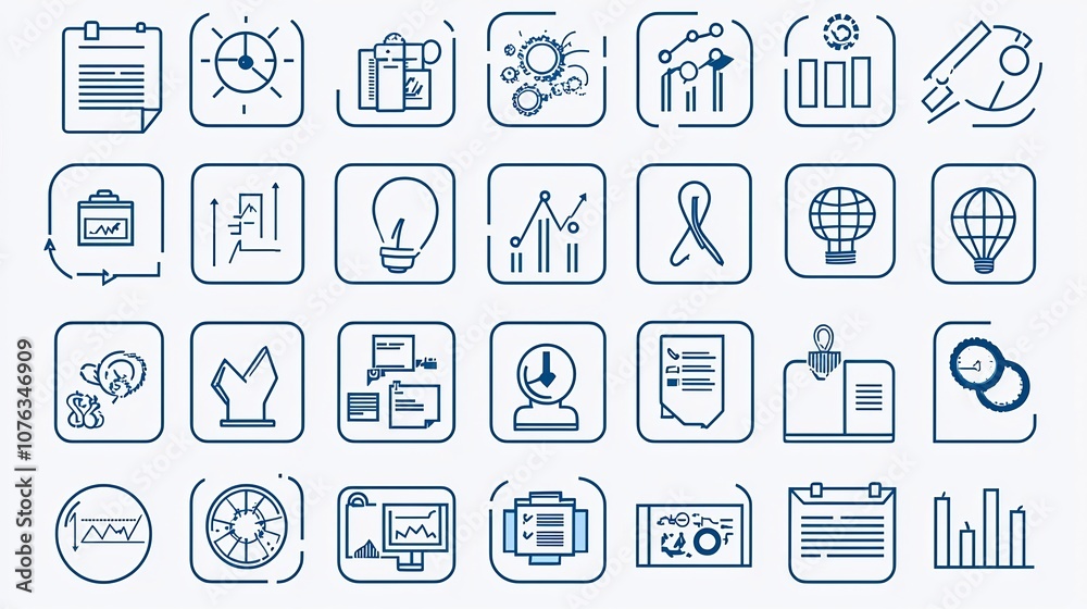Poster Set of 60 outline business icons featuring finance strategy and productivity tools in an editable format  The simple minimalist icons can be used for infographics graphic design user interface