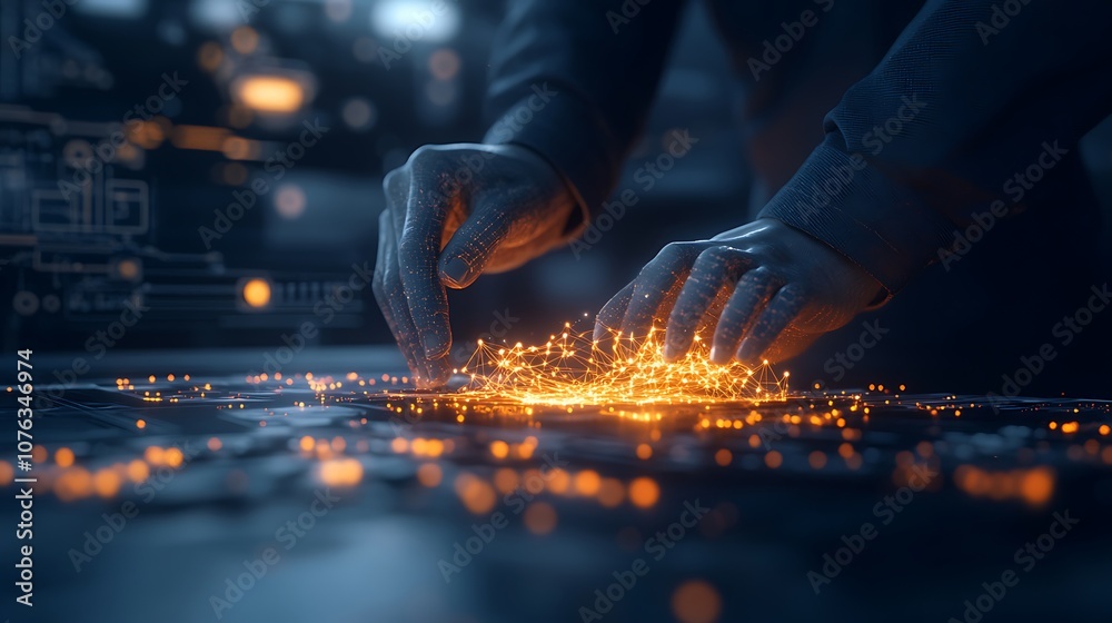Fototapete A futuristic scene showing hands interacting with glowing digital elements on a surface, evoking themes of technology and innovation.