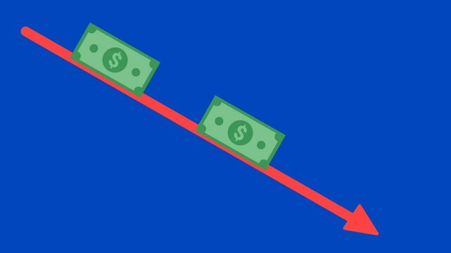 animation of dollar banknotes sliding down a red arrow, representing a declining financial situation. Perfect for illustrating economic downturns, loss of income, or decreasing profits. 