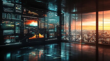 Futuristic Digital Workspace with Live Informational Displays and Glowing Windows for Interconnected Environmental Control