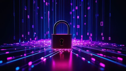 A glowing padlock surrounded by vibrant digital data streams, symbolizing cybersecurity and data...