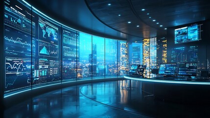 Futuristic Digital Workspace with Live News Market Data and Real Time Updates on Glowing Screens