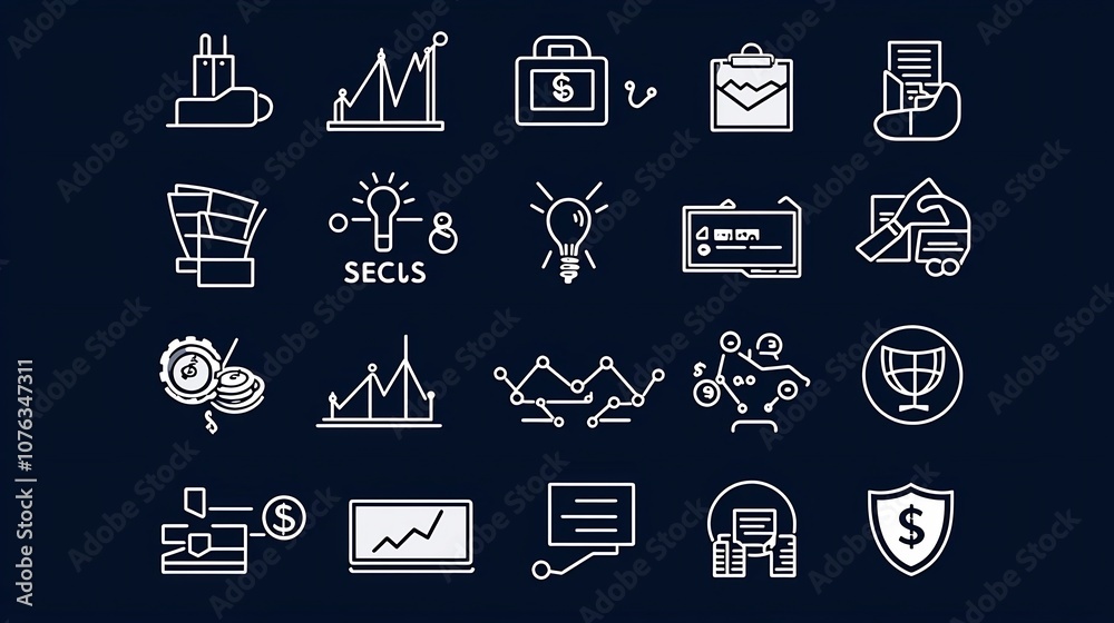 Poster Comprehensive set of 60 clean linear icons representing key elements of business and entrepreneurship including financial strategic networking and themes for corporate startup