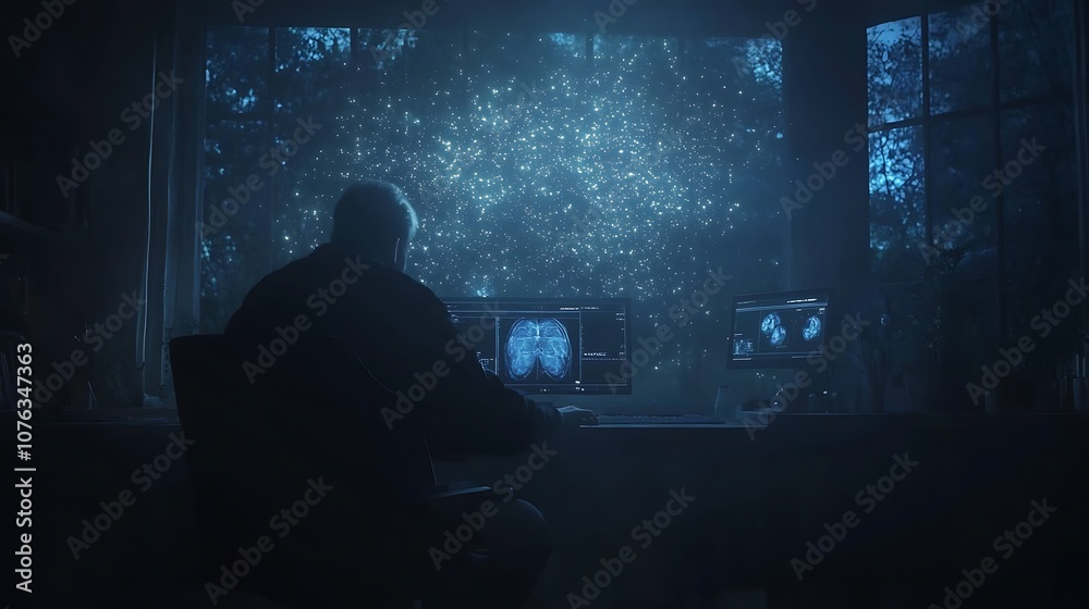 Poster A solitary figure sits in a dimly lit room, illuminated by computer screens, gazing out at a mysterious, particle-filled atmosphere.