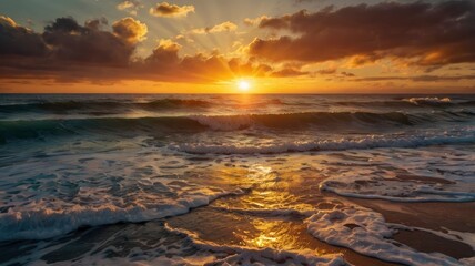 Obraz premium Beautiful sunset casting a warm glow on the ocean waves