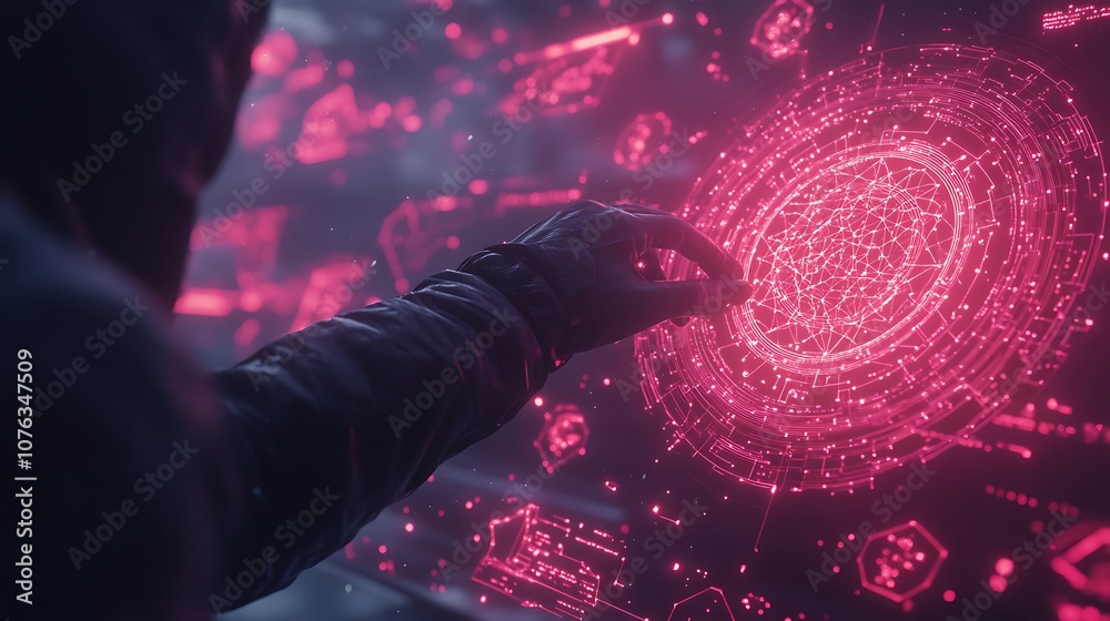 Poster A figure interacts with a glowing, pink holographic display, showcasing intricate patterns and a digital cosmic design, evoking a sense of science fiction.