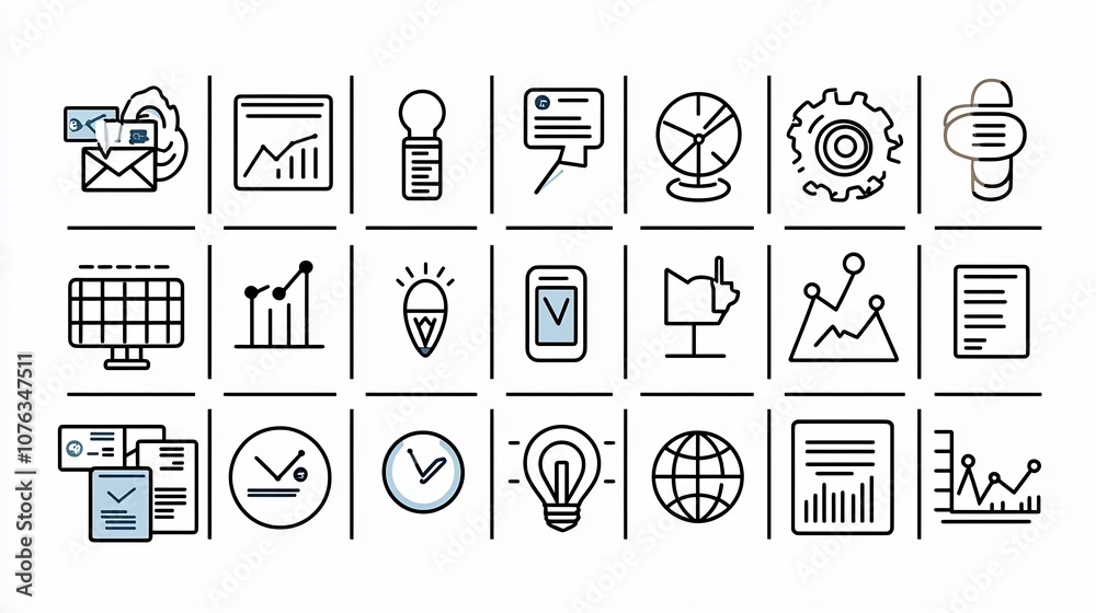 Poster collection of 60 outline icons depicting modern business concepts including digital marketing invest