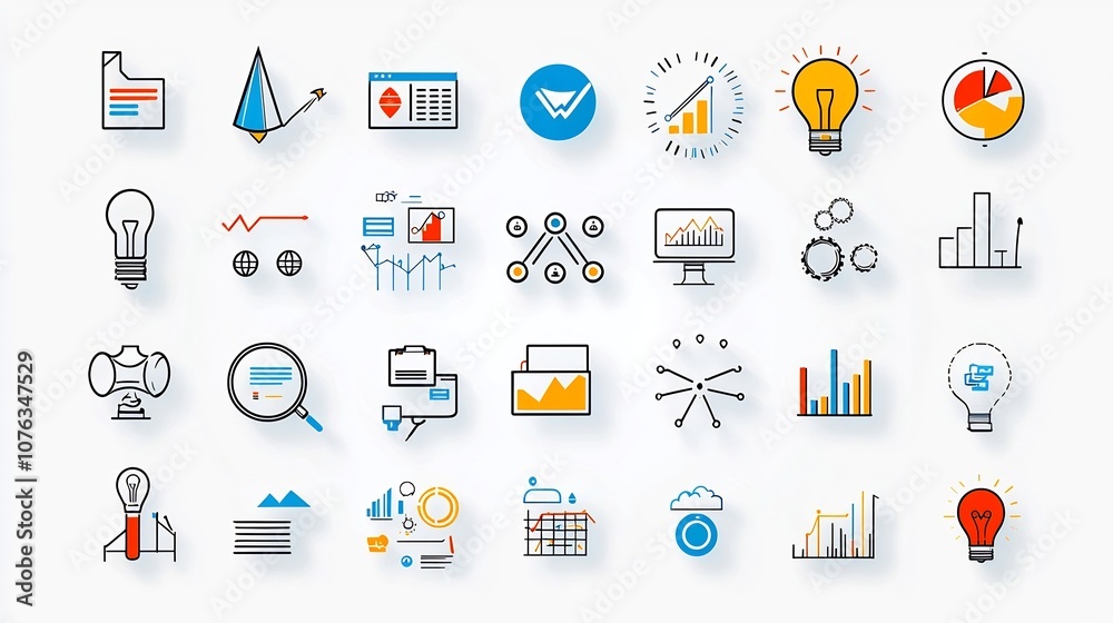Aufkleber minimal style outline icon set depicting various modern business concepts such as digital marketing 