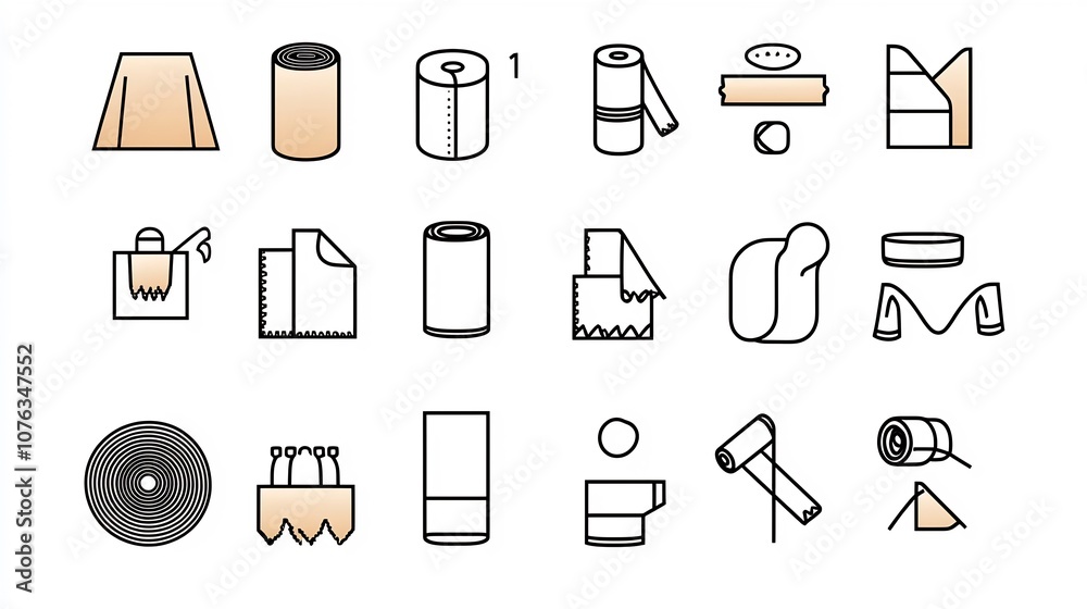 Poster set of 30 clean vector outline icons showcasing various fabric characteristics such as softness dura