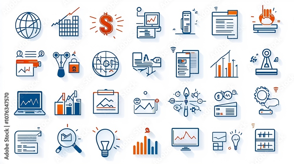 Poster Comprehensive set of 60 modern business related outline icons in a minimal vector based style  Includes digital marketing investment growth and organizational symbols for corporate management
