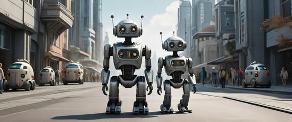 Obraz premium Cute robots in a futuristic city for a kid friendly coloring book